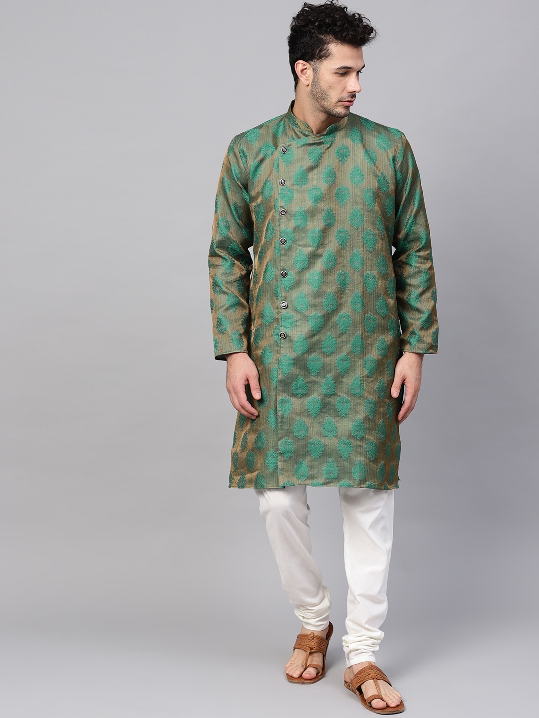 

SOJANYA Men Green & Off-White Self Design Kurta with Churidar