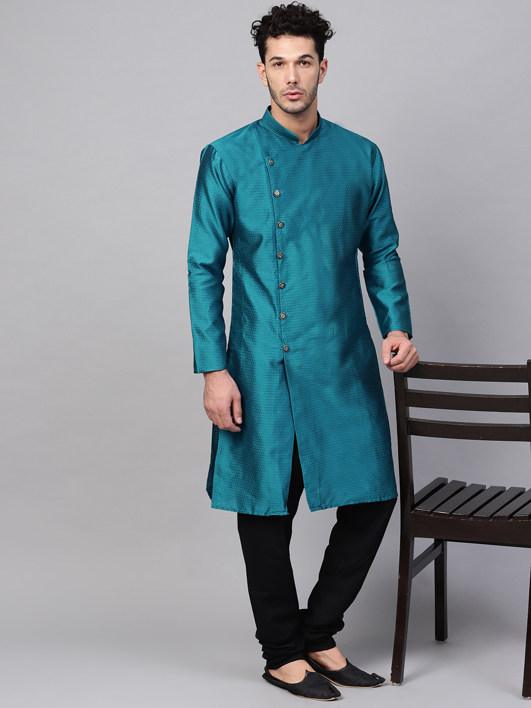 

SOJANYA Men Teal Blue & Black Self Design Angrakha Kurta with Churidar