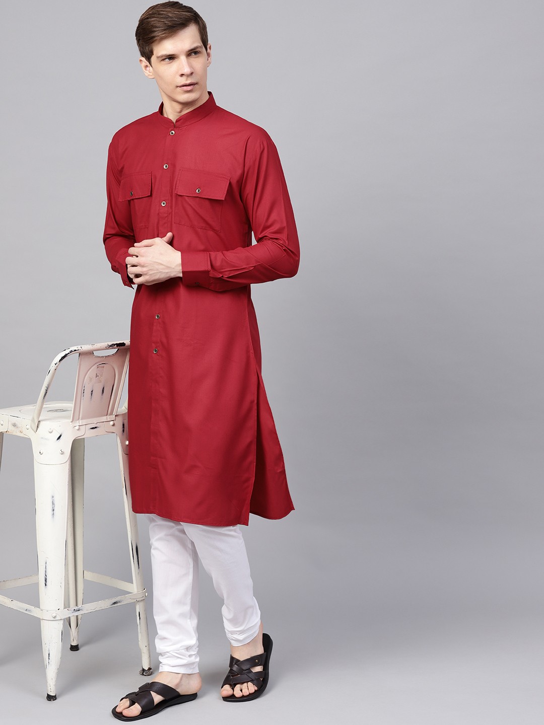 

SOJANYA Men Maroon & White Solid Kurta with Churidar