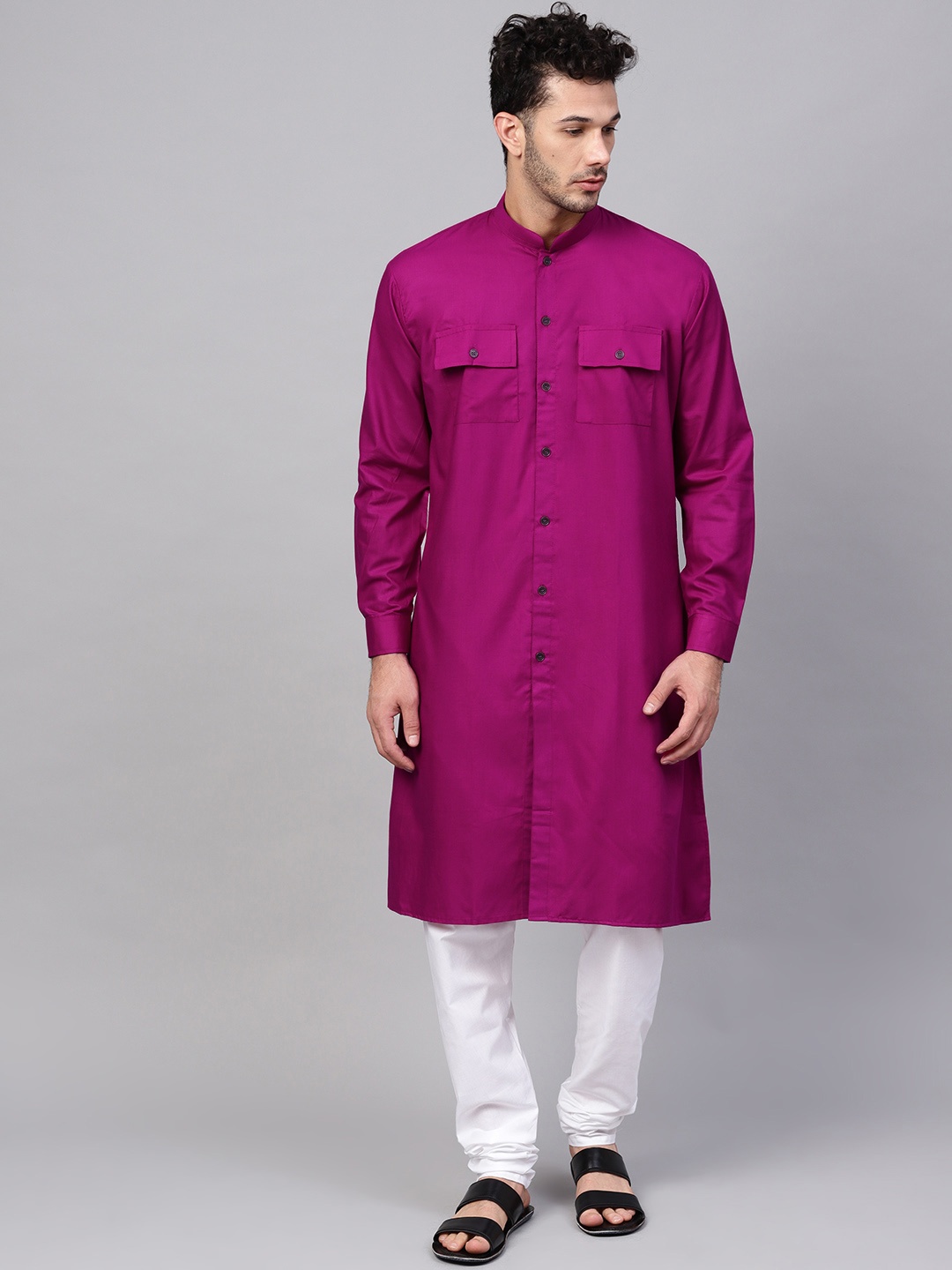 

SOJANYA Men Magenta & White Solid Kurta with Churidar