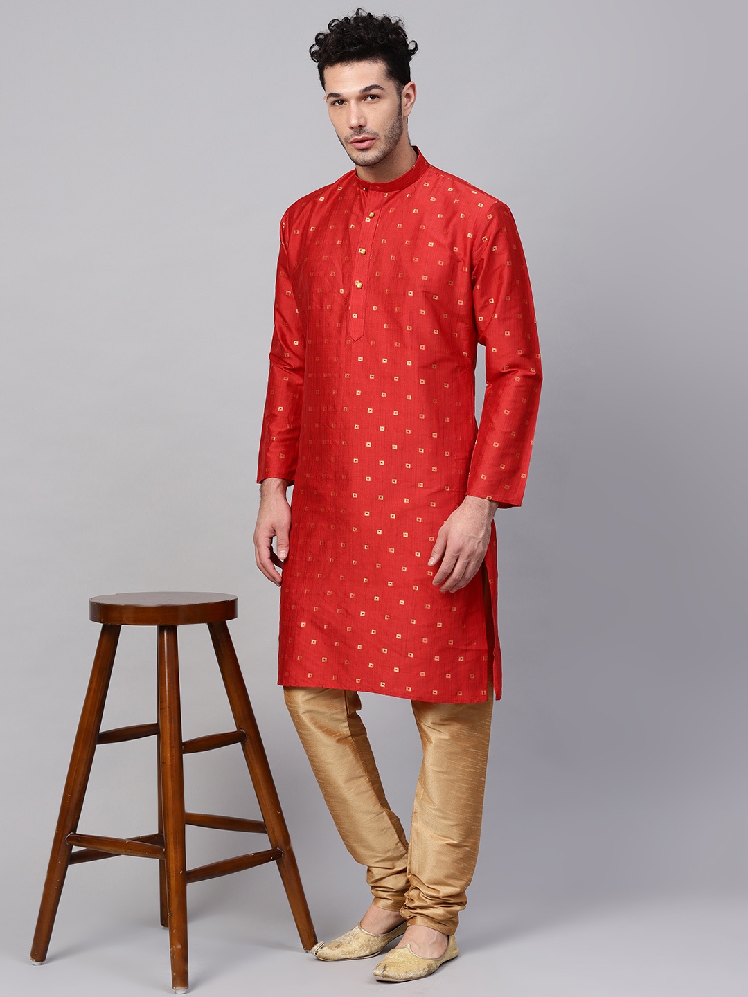 

SOJANYA Men Red & Golden Self Design Kurta with Churidar