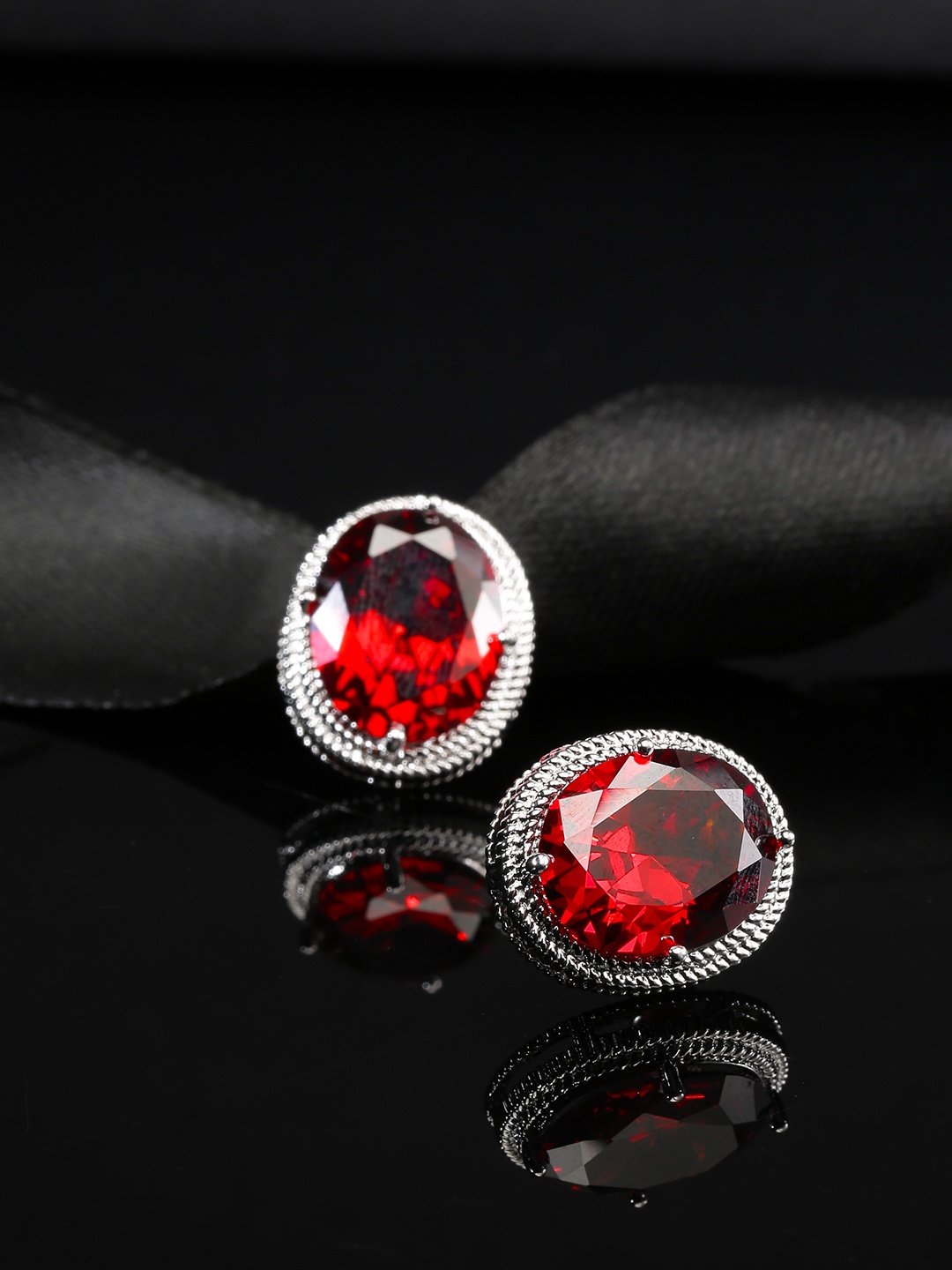 

Carlton London Silver-Toned & Red Rhodium-Plated CZ Oval Studs