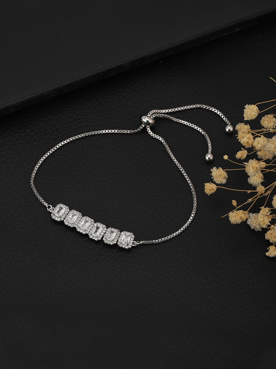 

Carlton London Silver-Toned Rhodium Plated CZ Studded Bracelet