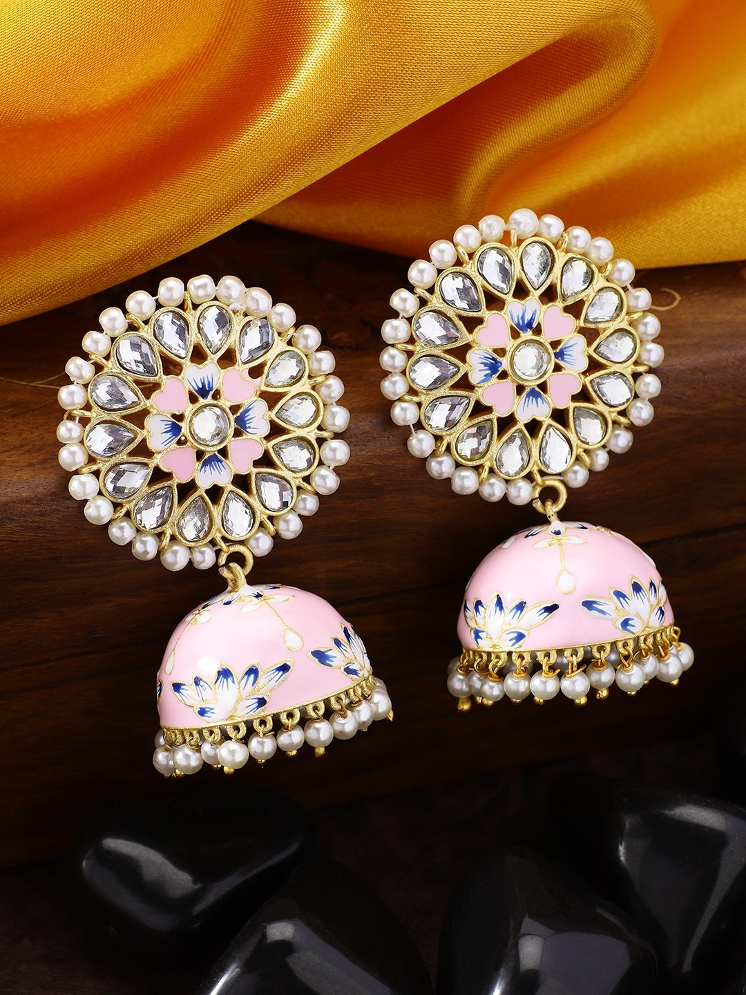 

Peora Women 18K Gold-Plated Pink Meenakari Contemporary Jhumkas