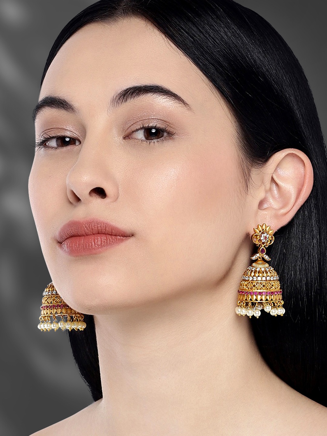 

Peora Women 18K Gold-Plated Maroon CZ-Stoned Studded Contemporary Jhumkas