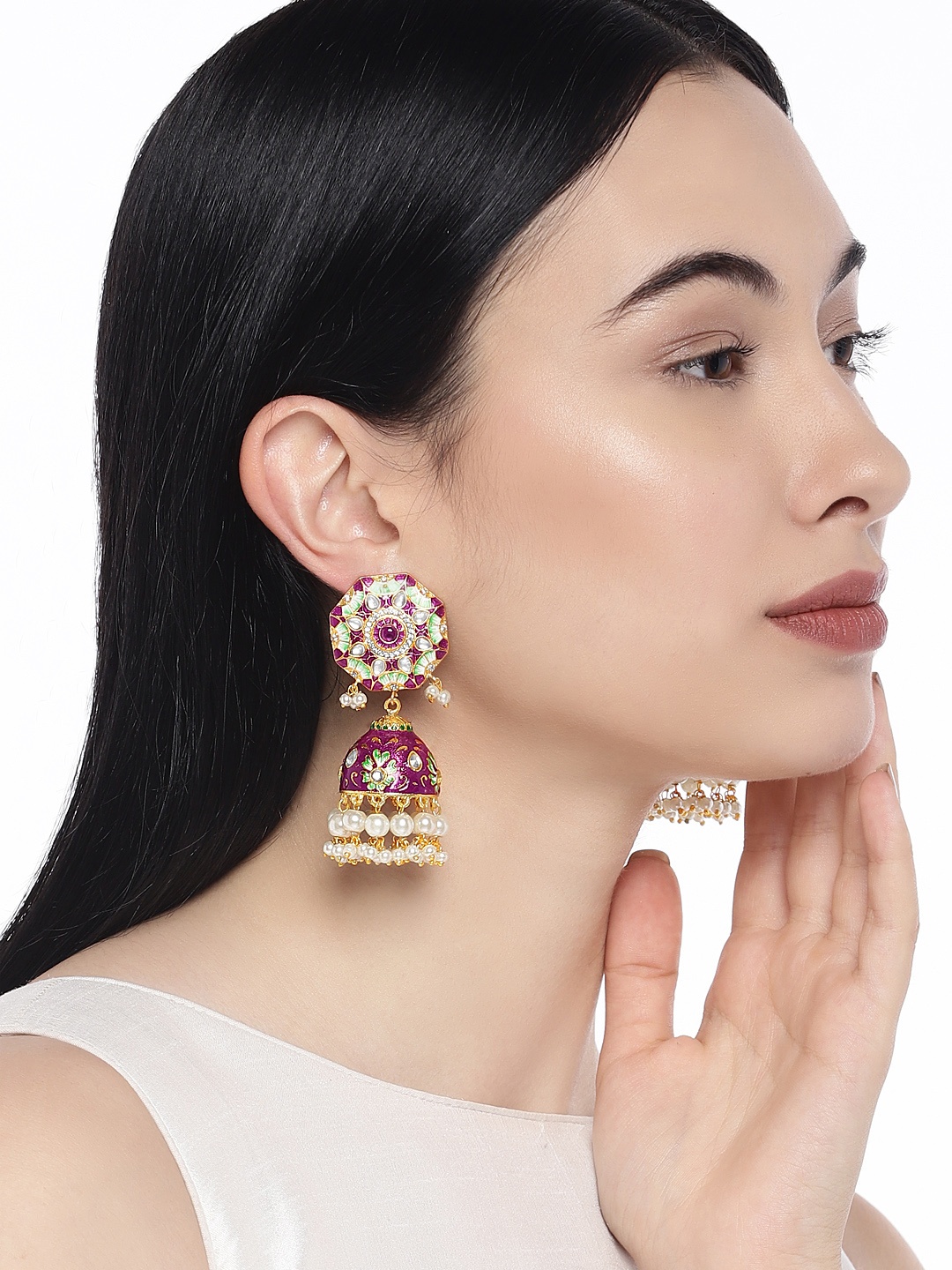

Peora Gold-Plated Dome Shaped Meenakari Handwork Jhumkas, Peach