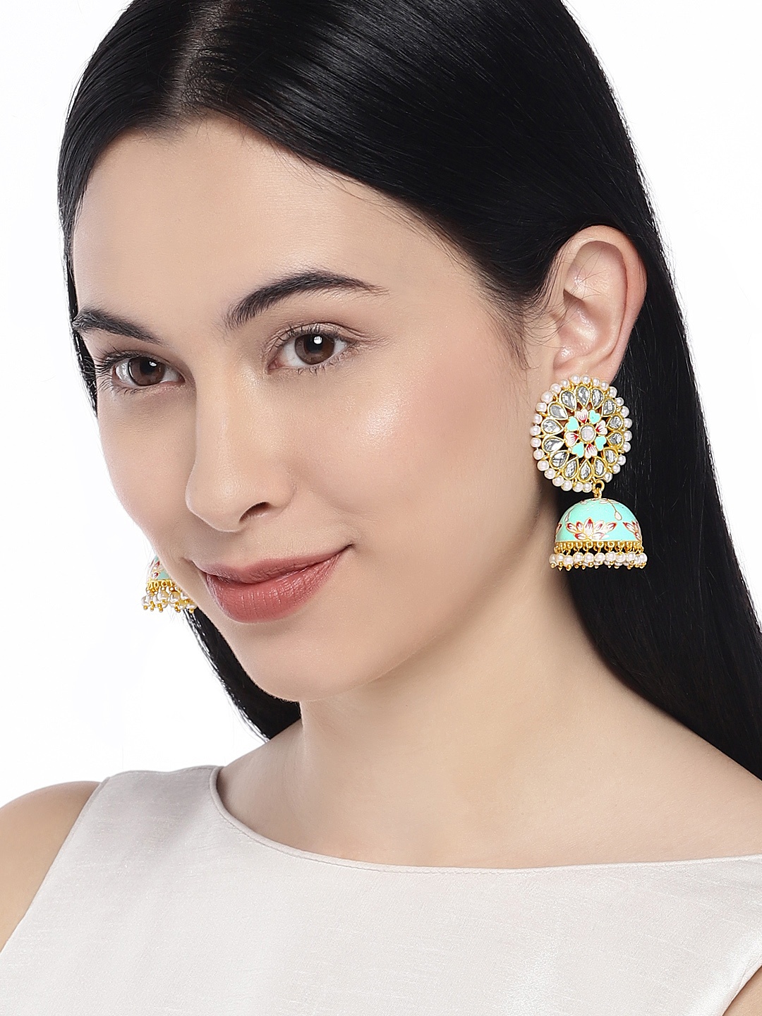 

Peora Gold-Plated Sea Green Dome Shaped Meena Handwork Kundan Pearl Jhumkas