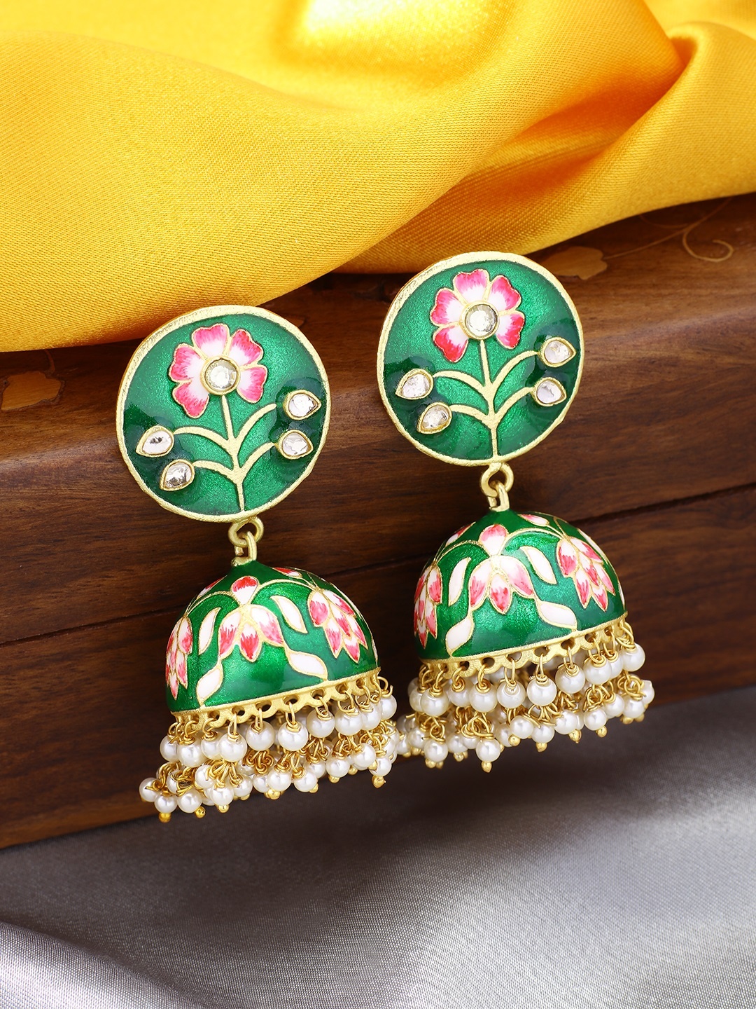 

Peora 18K Gold-Plated Green Dome Shaped Meenakari Jhumkas