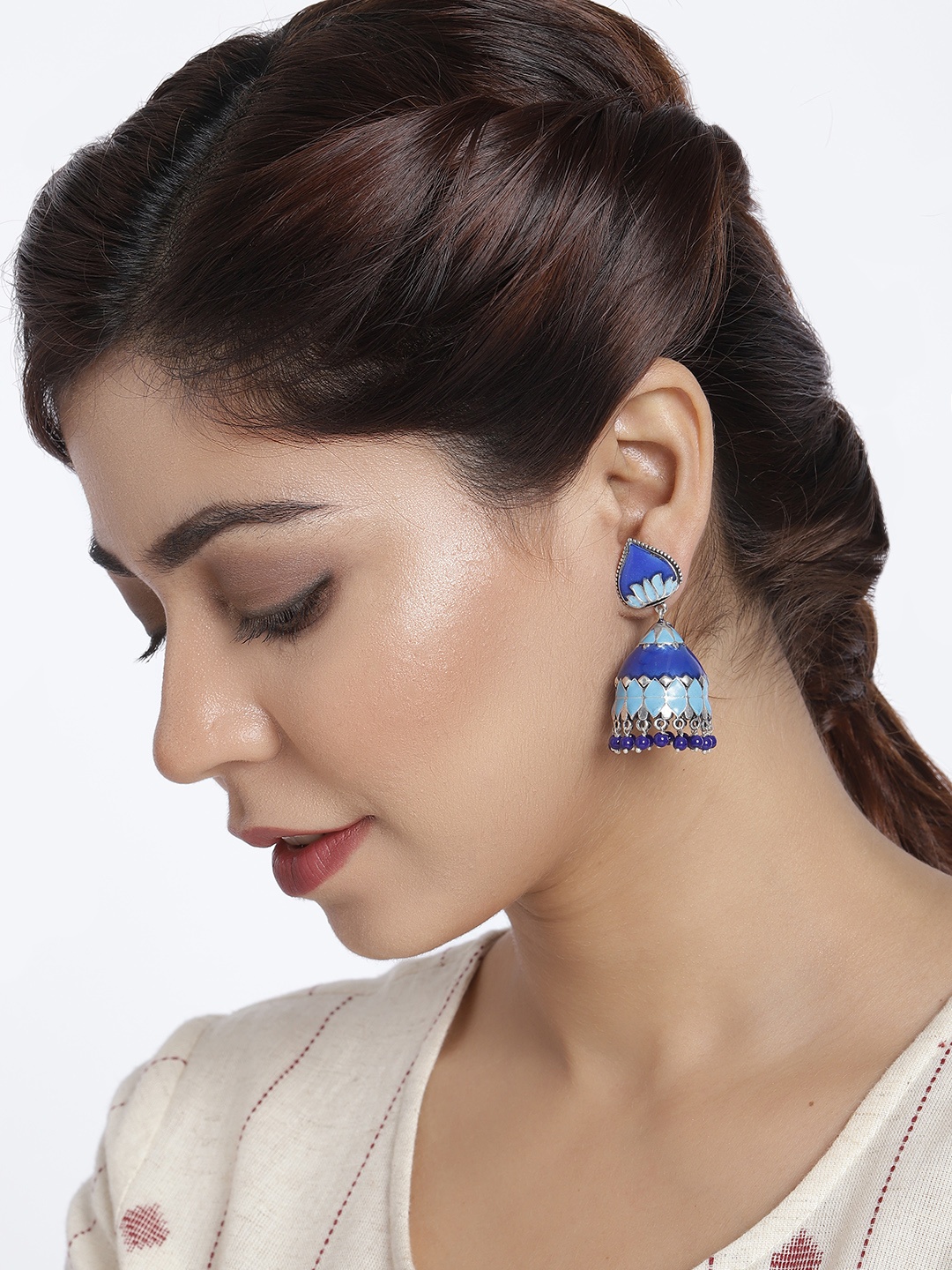 

Peora Blue Dome Shaped Meenakari Lotus Design Jhumkas