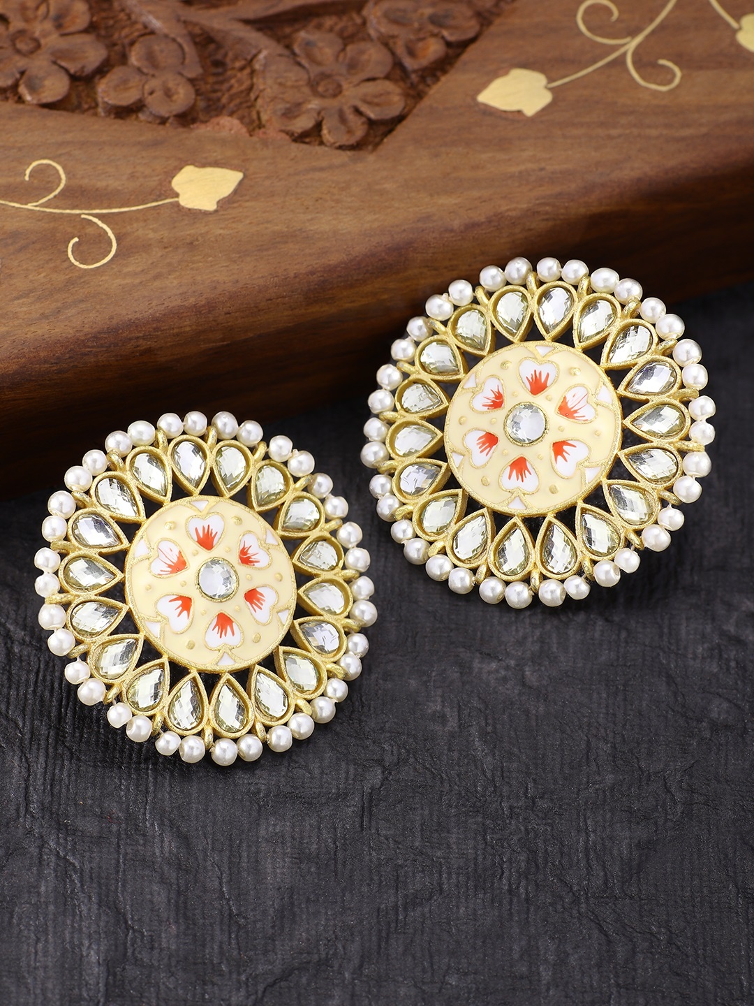 

Peora Women Oxidised Gold-Plated Yellow Kundan-Studded Contemporary Stud Earrings