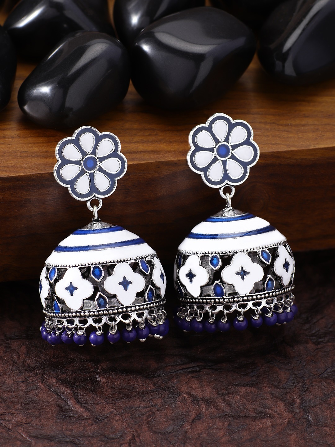 

Peora Blue Meenakari Handwork & Oxidised Dome Shaped Jhumkas