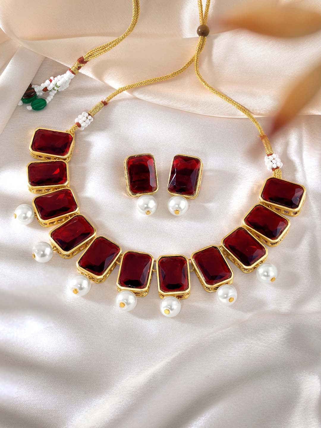 

Peora Gold-Plated & Maroon Crystal Pearl Traditional Jewellery Set