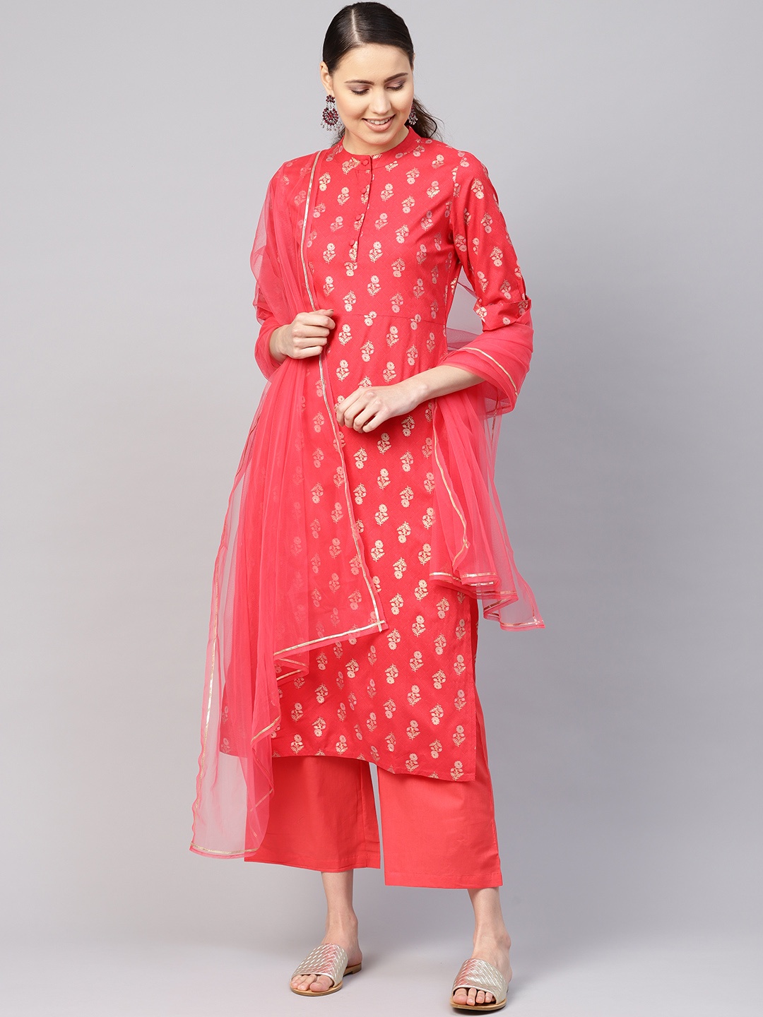 

Nayo Women Coral Red & Golden Printed Kurta with Palazzos & Dupatta