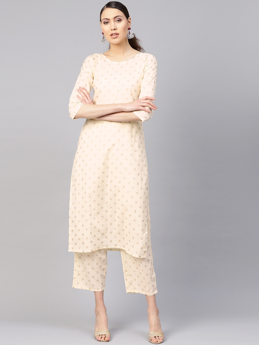 

Nayo Women Cream-Coloured & Golden Printed Kurta with Trousers