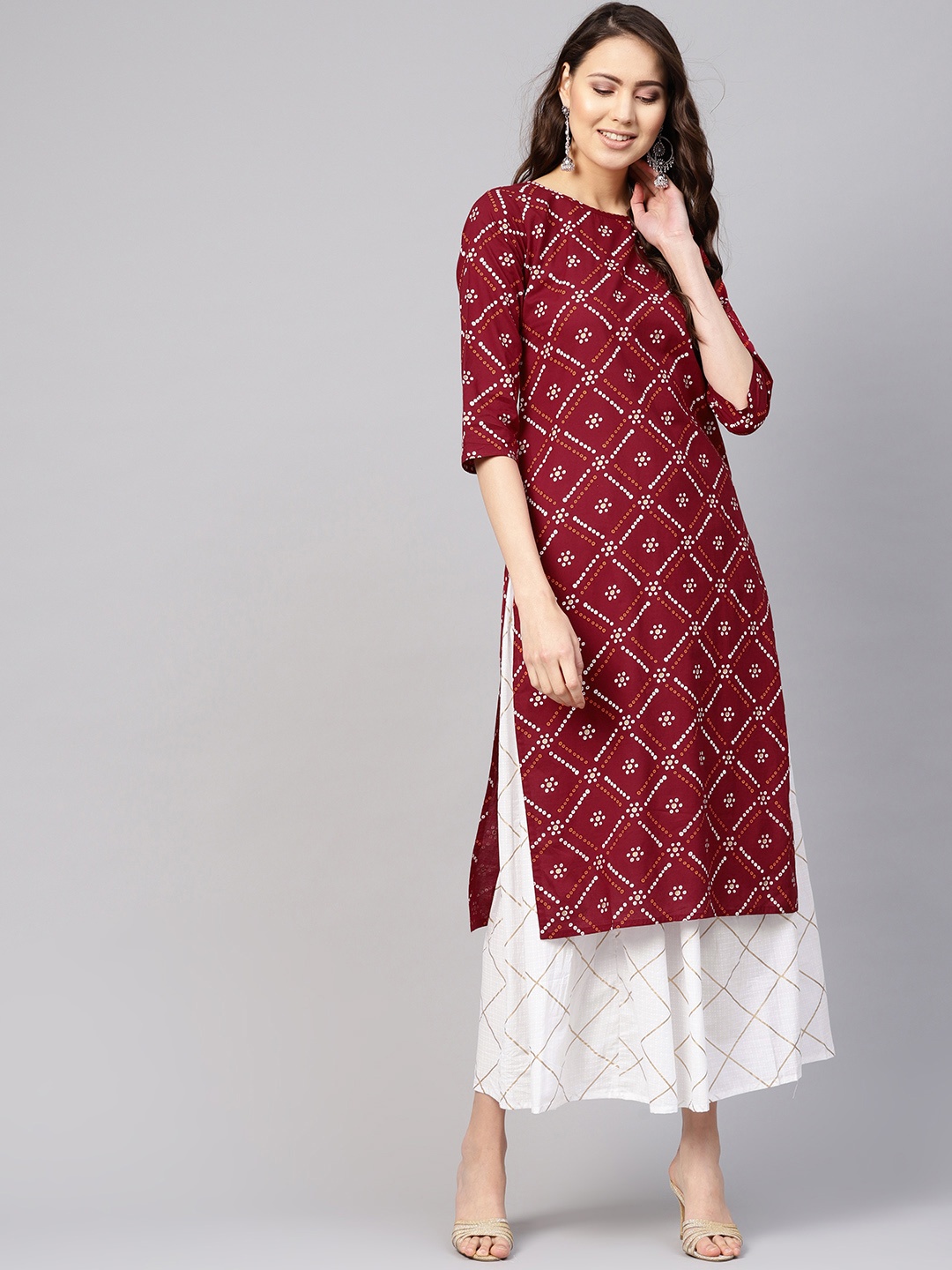 

Nayo Women Maroon & White Bandhani Print Kurta with Skirt