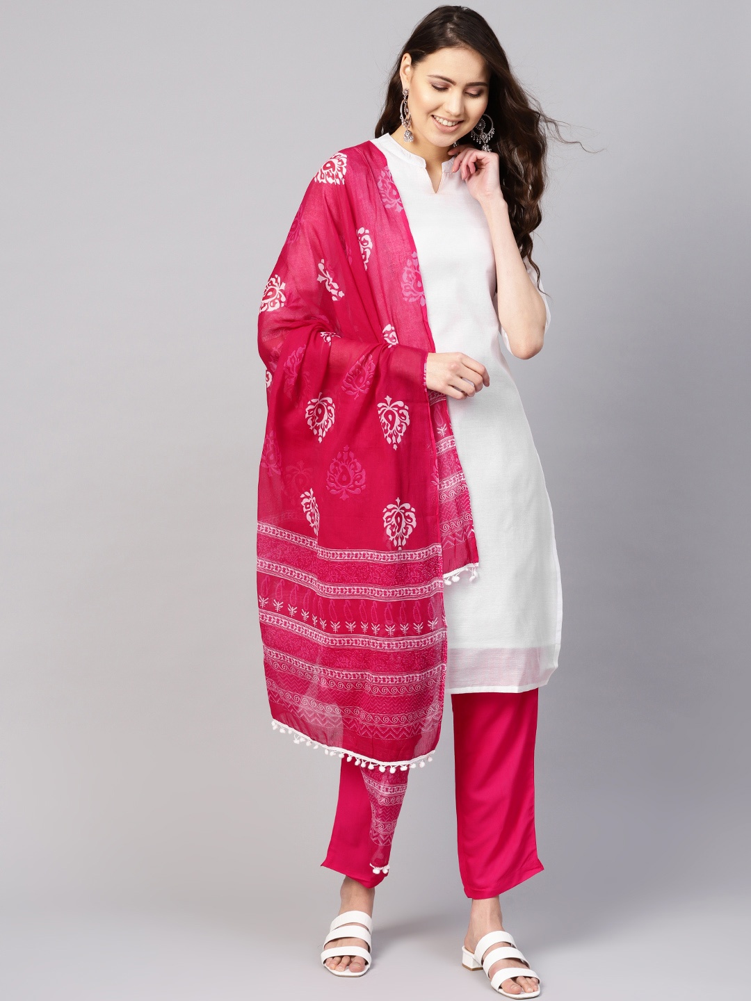 

Nayo Women White & Pink Solid Kurta with Trousers & Dupatta