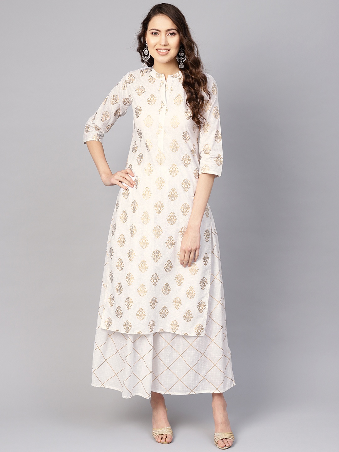 

Nayo Women White & Golden Printed Kurta with Skirt