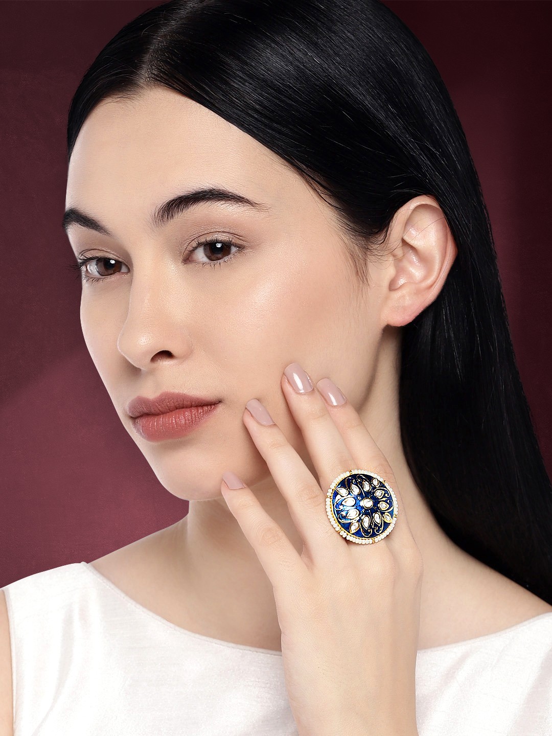

Peora Women 18K Gold-Plated Navy Blue Meena Work Kundan & Pearl-Studded Adjustable Ring