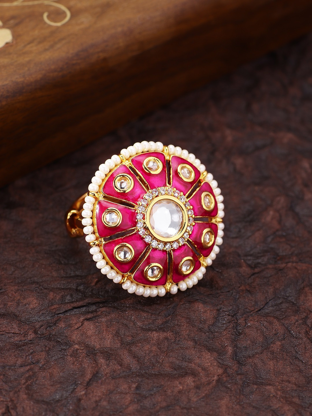 

Peora Women 18K Gold Plated and Pink Meenakari and Kundan Studded Adjustable Ring