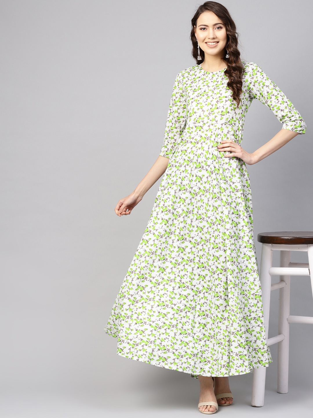 

Nayo Women White & Green Floral Print Maxi Dress