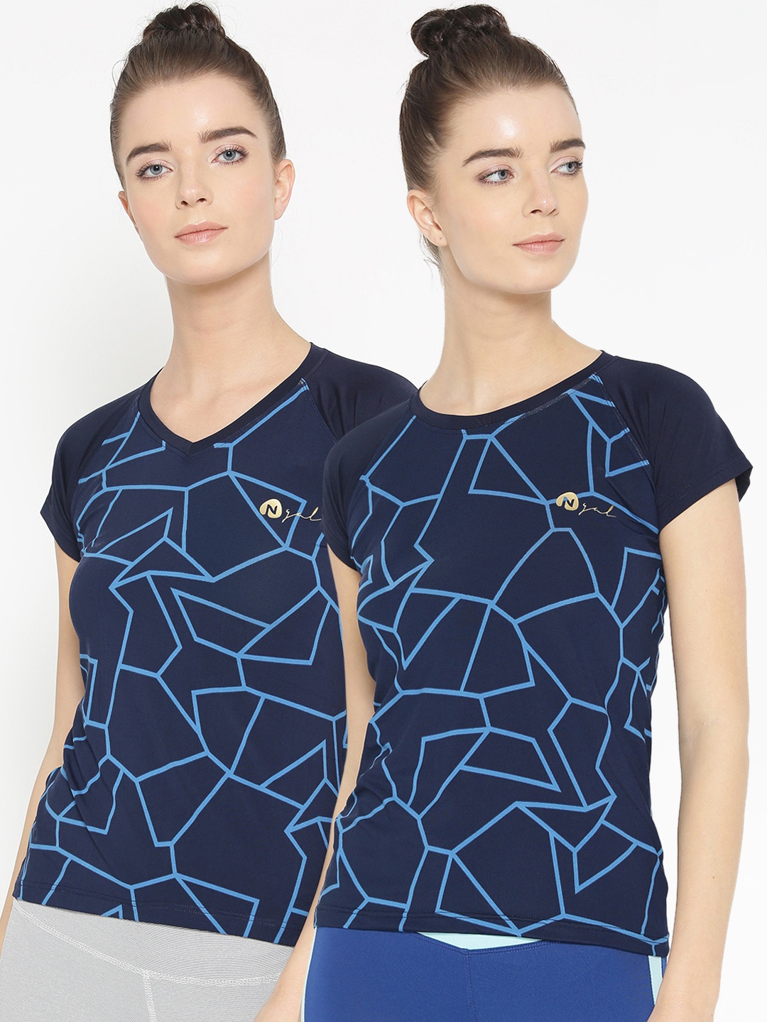 

N-Gal Women Pack of 2 Blue Printed Slim Fit T-Shirts