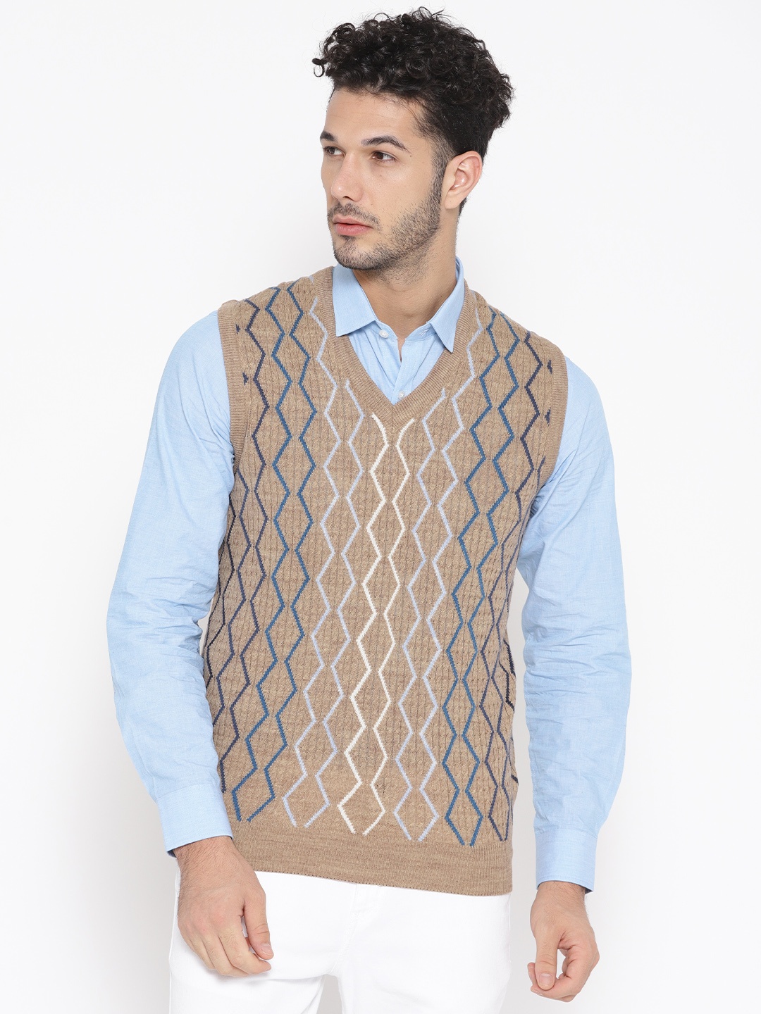 

Pierre Carlo Men Beige & Blue Self Design Sweater Vest