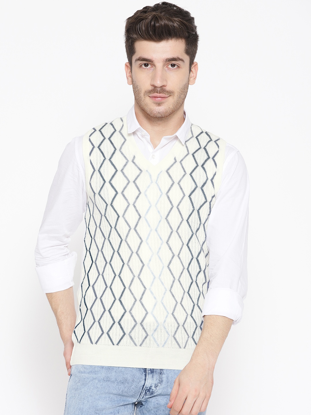 

Pierre Carlo Men White & Blue Self Design Sweater Vest