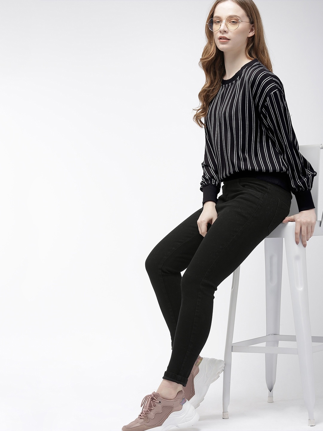 

Harvard Women Black & Grey Striped Regular Top