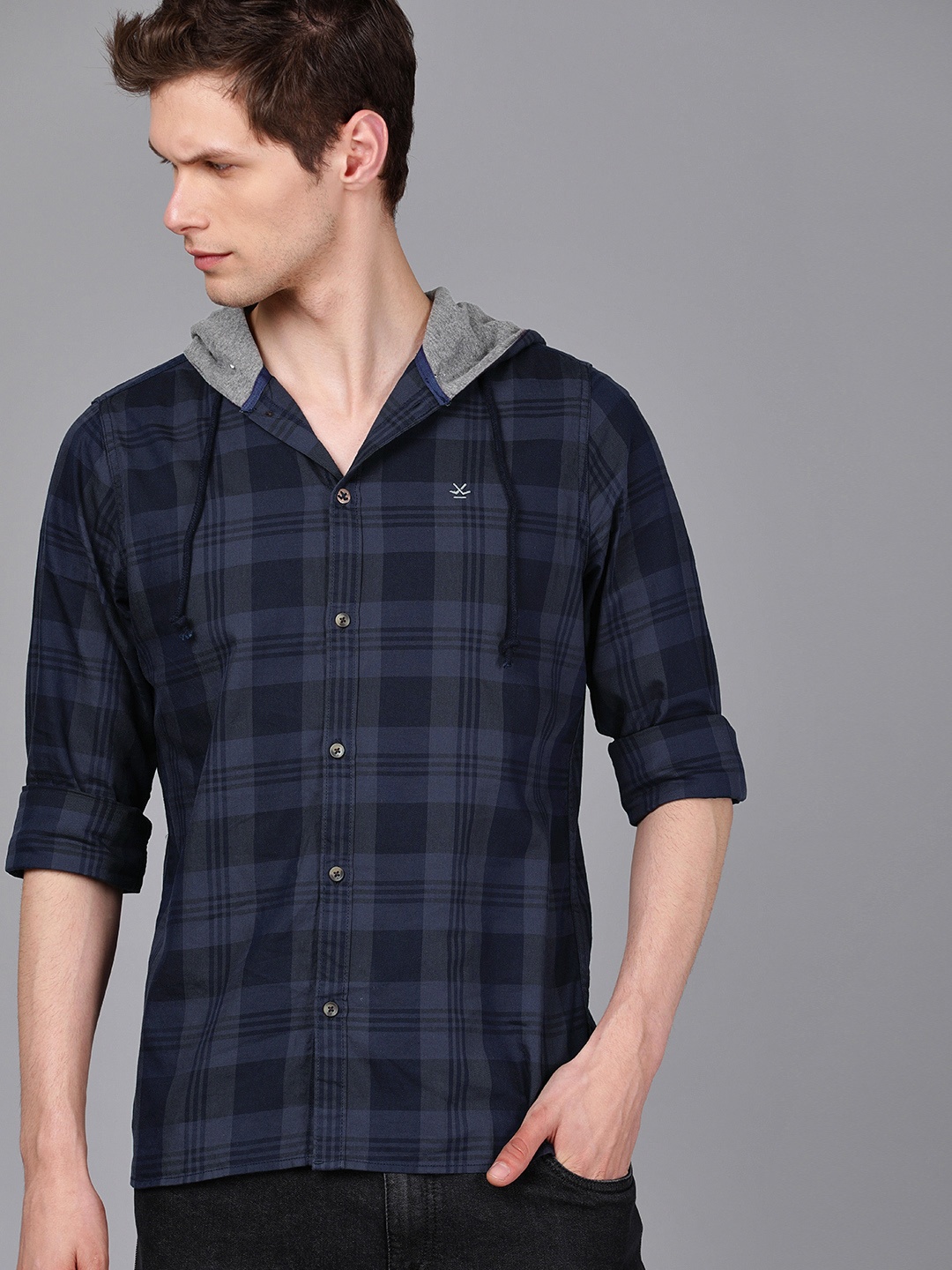 

WROGN Men Navy Blue Checked Casual Hooded Shirt