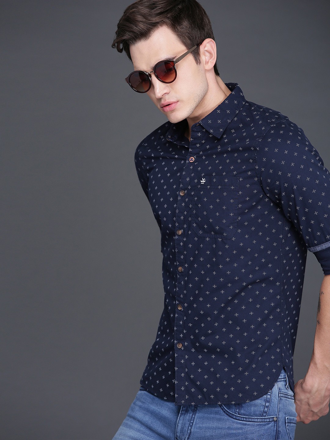 

WROGN Men Navy Blue & White Slim Fit Printed Casual Shirt