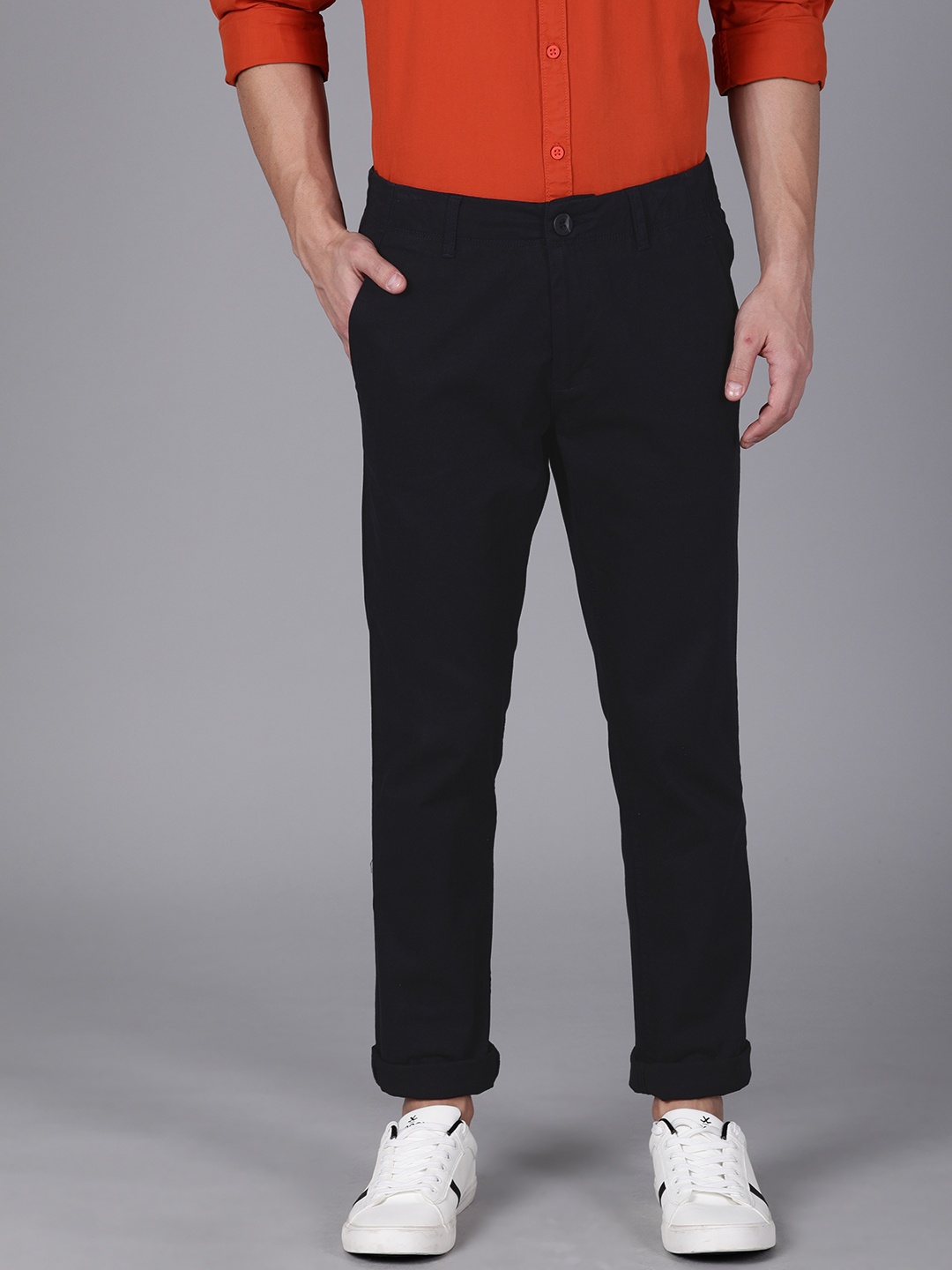 

WROGN Men Navy Blue Regular Fit Solid Regular Trousers