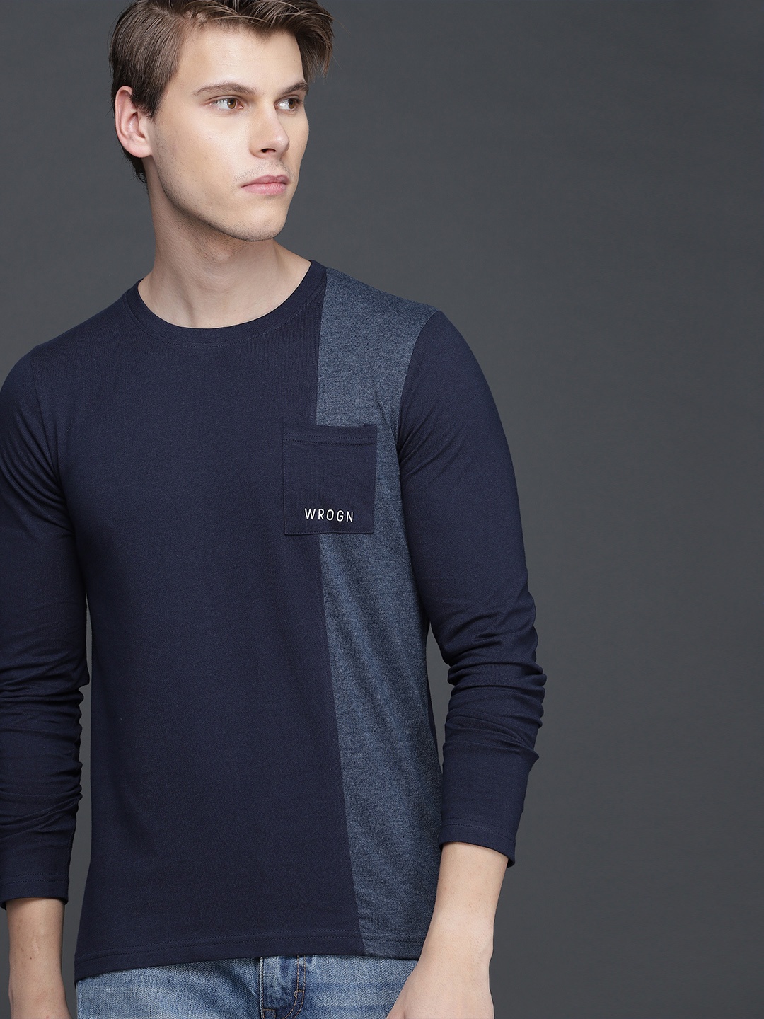 

WROGN Men Navy Blue Slim Fit Solid Round Neck Pure Cotton T-shirt