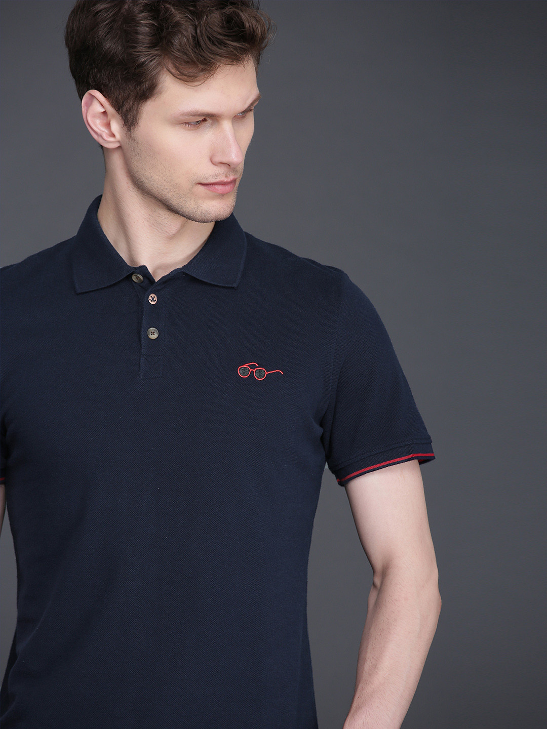 

WROGN Men Navy Solid Polo Collar Slim Fit Pure Cotton T-shirt, Navy blue