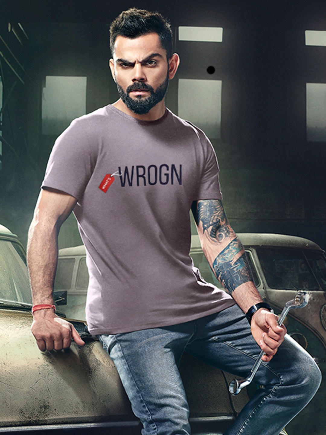 WROGN Men Grey Printed Slim Fit Round Neck Pure Cotton T-shirt