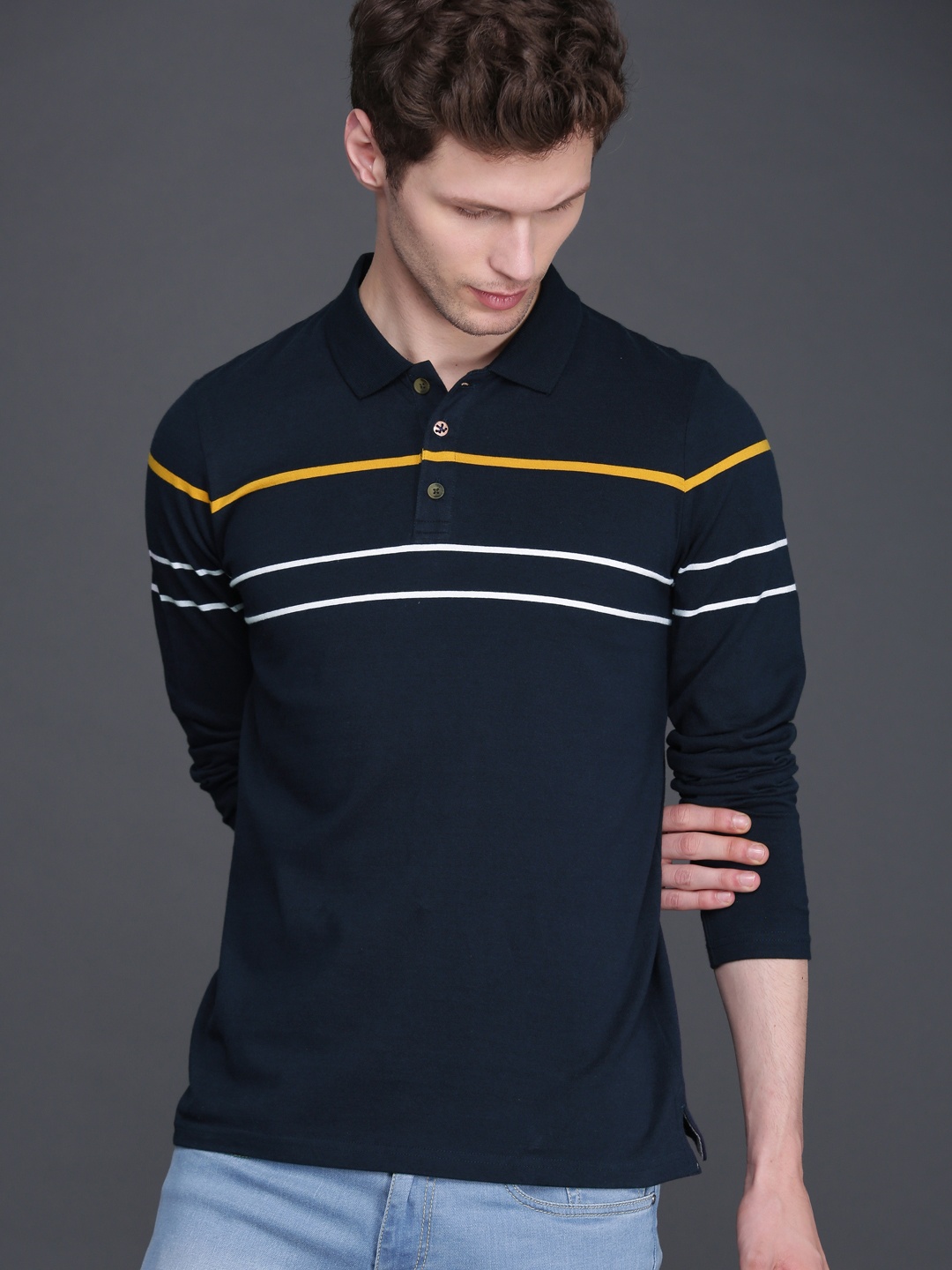 

WROGN Men Navy Blue White Striped Slim Fit Polo Pure Cotton T-shirt