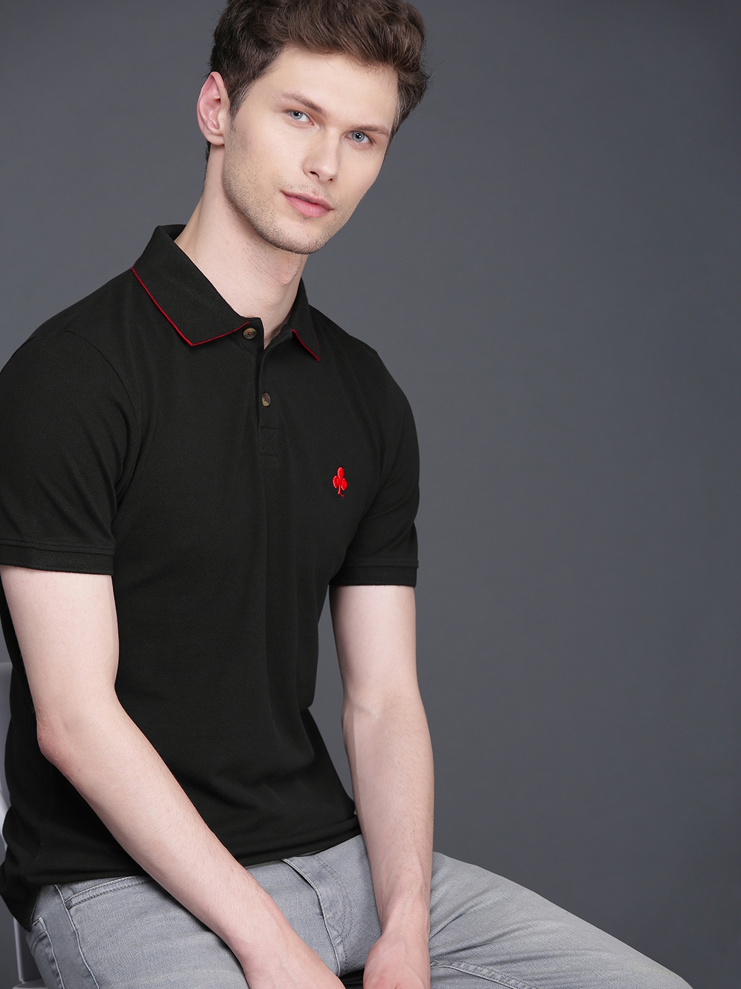 

WROGN Men Black Solid Slim Fit Polo Collar Pure Cotton T-shirt