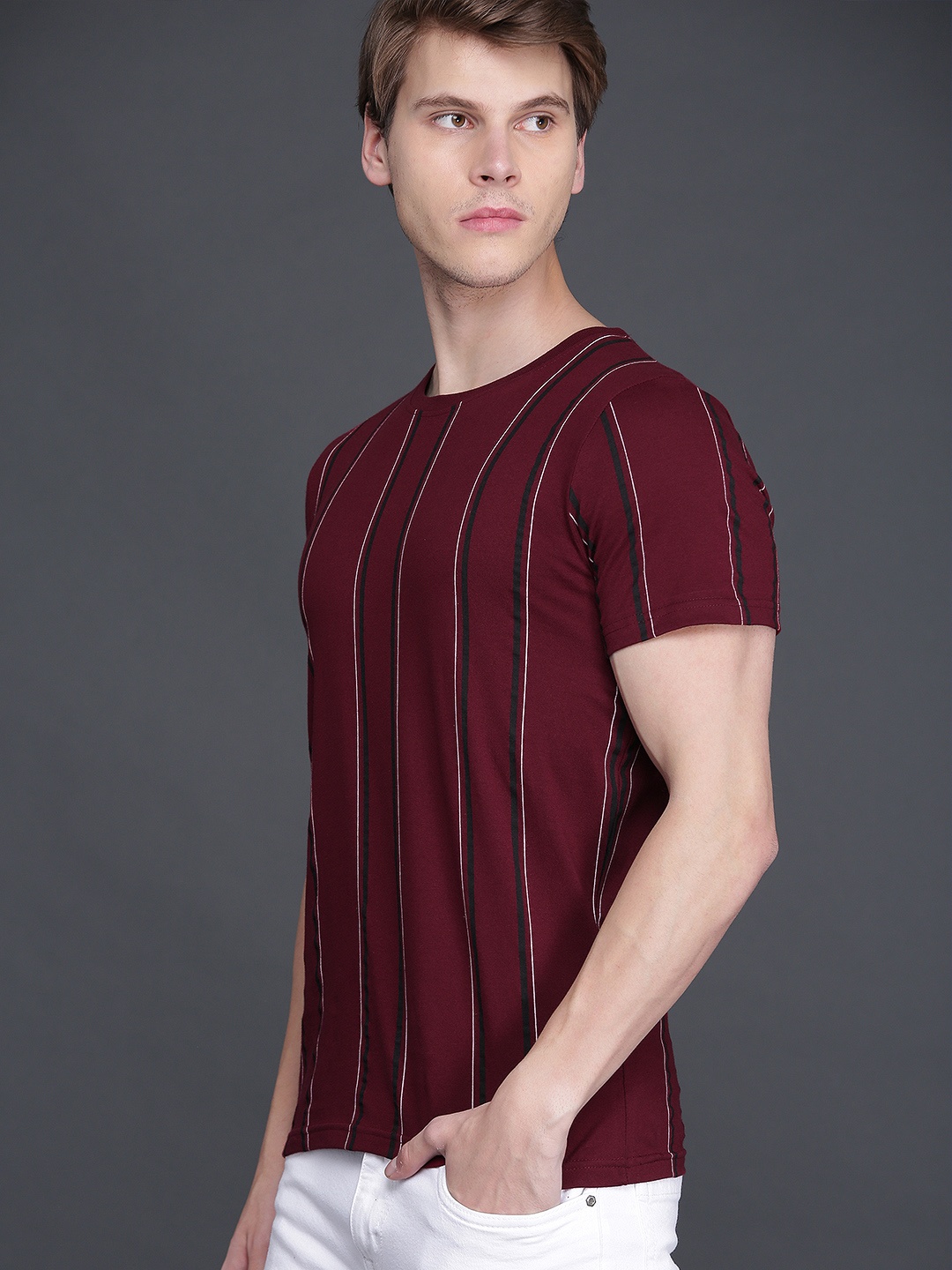 

WROGN Men Burgundy Black Striped Round Neck Pure Cotton T-shirt