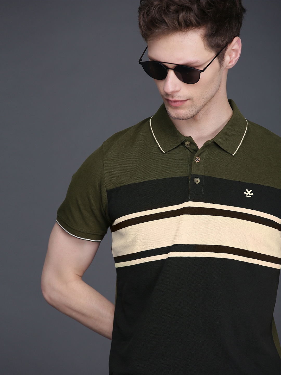 

WROGN Men Black Olive Green Colourblocked Slim Fit Polo Collar Pure Cotton T-shirt