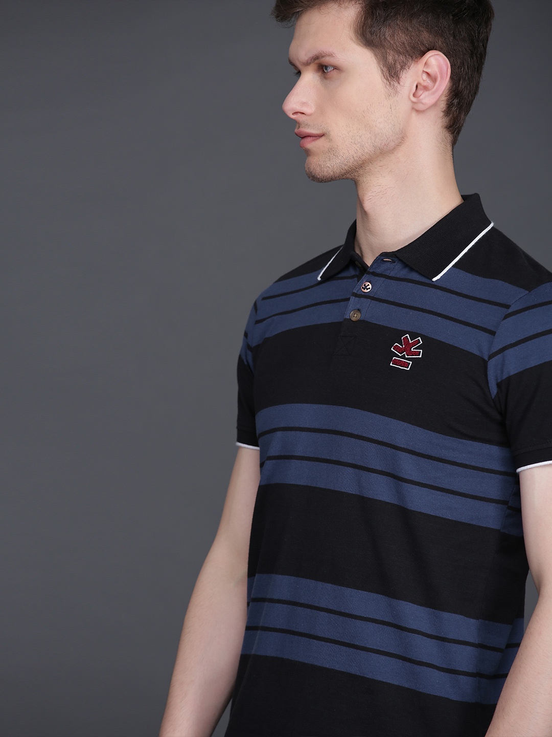 

WROGN Men Navy Black Striped Polo Collar Slim Fit Pure Cotton T-shirt, Navy blue