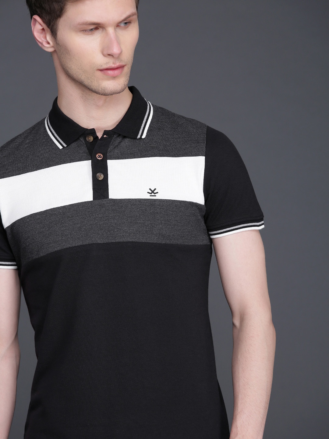

WROGN Men Black & Grey Colourblocked Polo Collar T-shirt