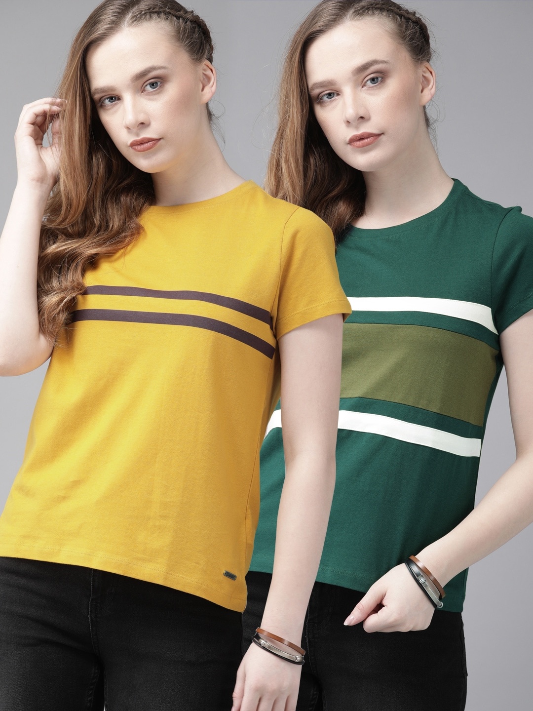 

The Roadster Lifestyle Co Women Pack of 2 Mustard yellow Green Striped Round Neck Pure Cotton T-shirt