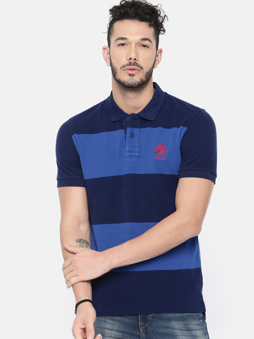 

U.S. Polo Assn. Men Navy Blue Striped Polo Collar Pure Cotton T-shirt