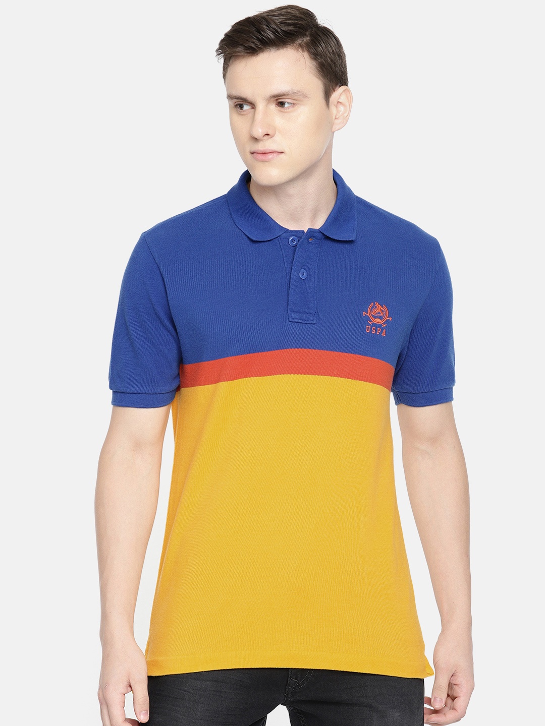 

U.S. Polo Assn. Men Yellow Blue Colourblocked Polo Collar Pure Cotton T-shirt