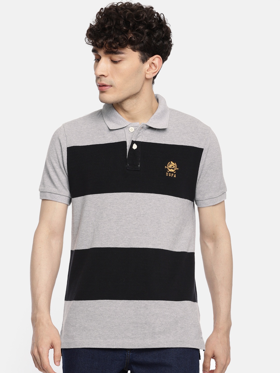 

U.S. Polo Assn. Men Grey Black Colourblocked Polo Collar Pure Cotton T-shirt