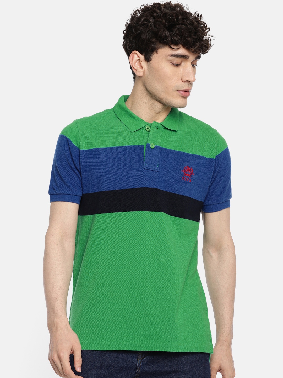 

U.S. Polo Assn. Men Green Blue Colourblocked Polo Collar Pure Cotton T-shirt