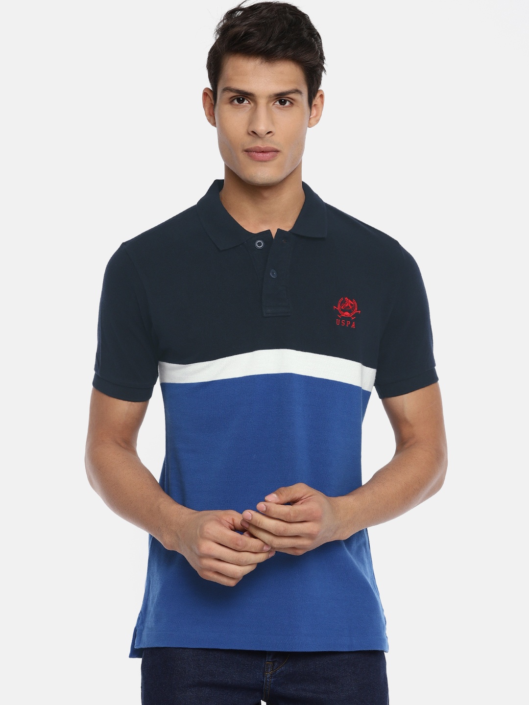 

U.S. Polo Assn. Men Navy Blue Colourblocked Polo Collar T-shirt