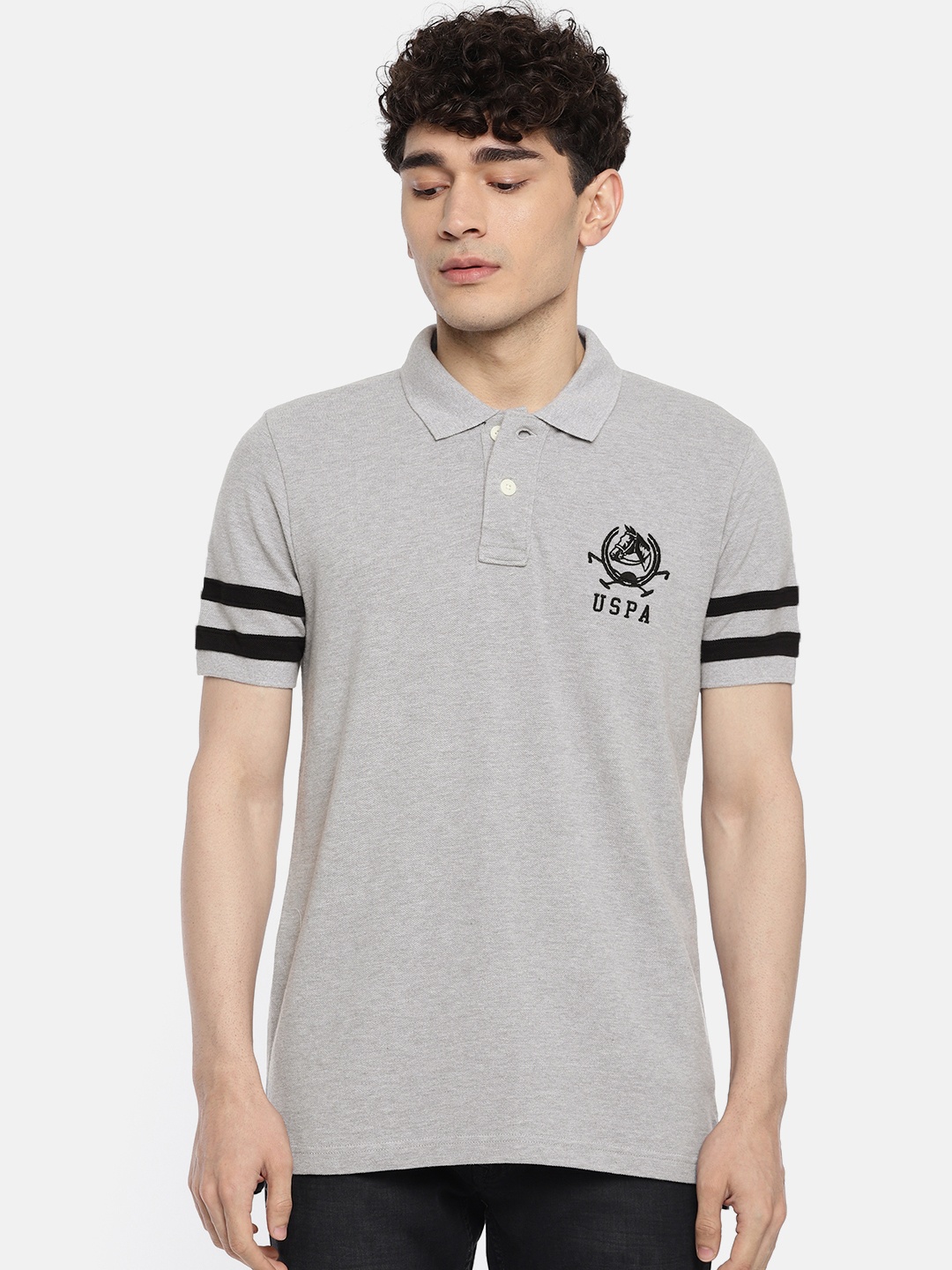 

U.S. Polo Assn. Men Grey Melange Solid Polo Collar T-shirt