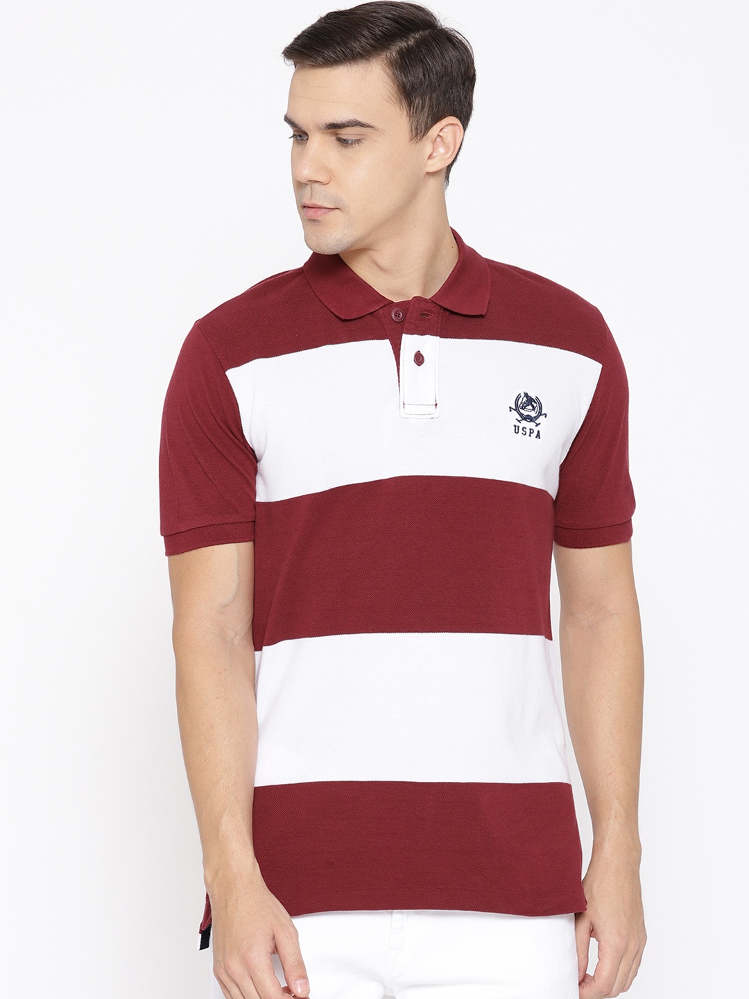 

U.S. Polo Assn. Men Maroon & White Colourblocked Polo Collar T-shirt