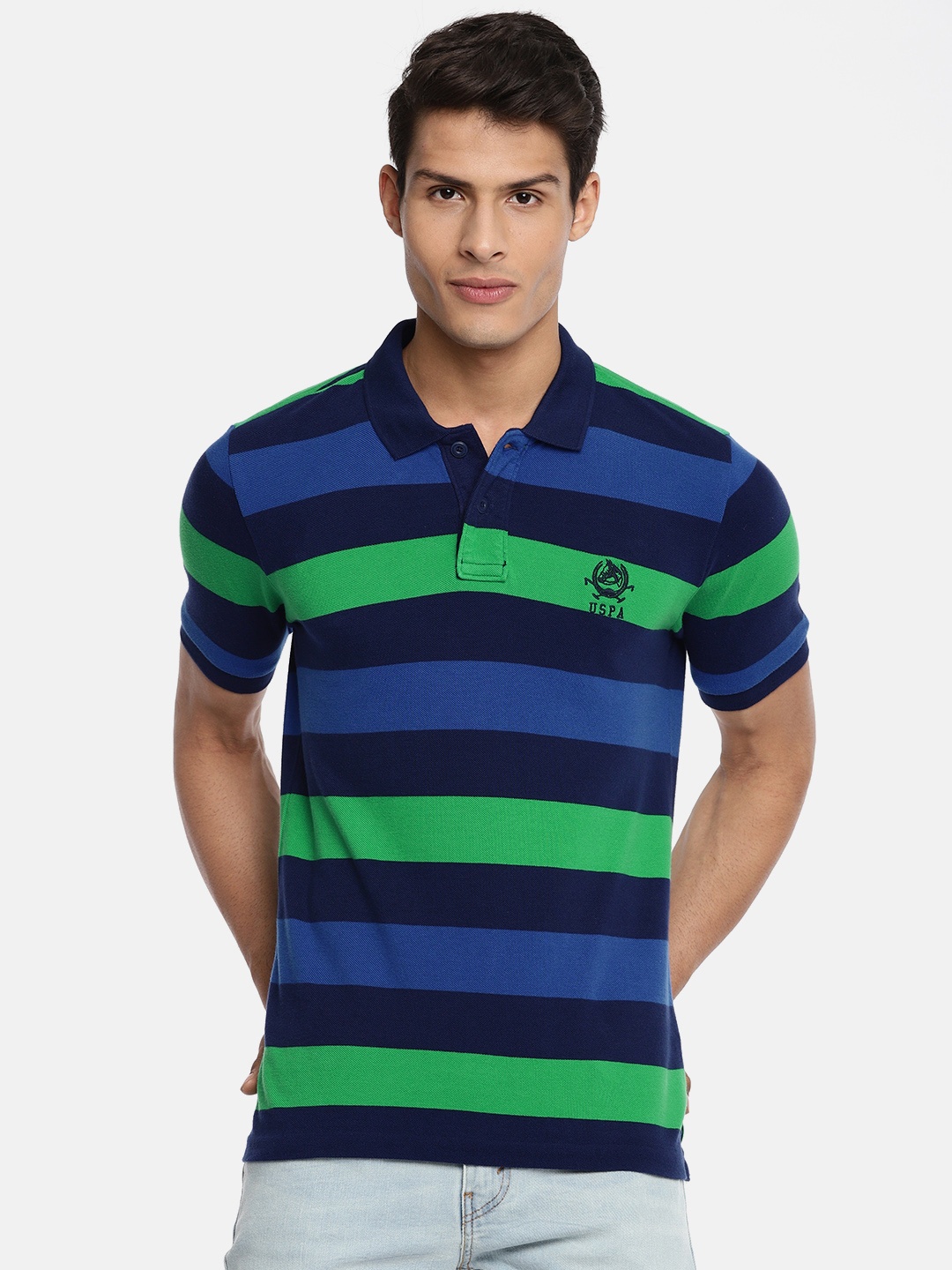 

U.S. Polo Assn. Men Navy Blue Green Striped Round Neck Pure Cotton T-shirt