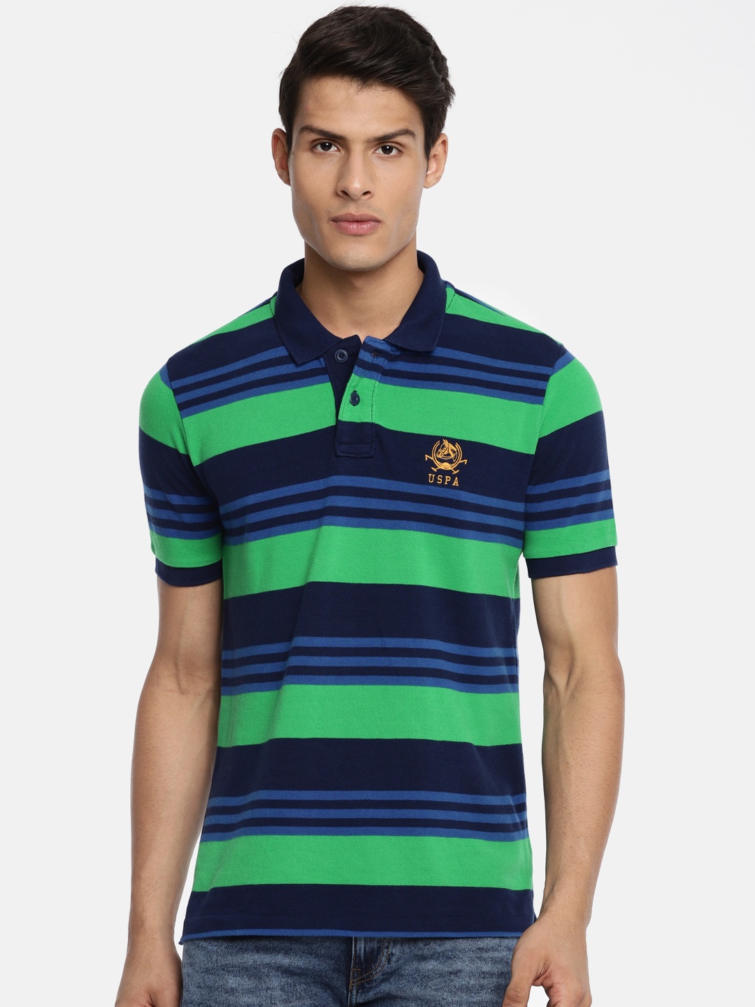 

U.S. Polo Assn. Men Blue Green Striped Polo Collar Pure Cotton T-shirt